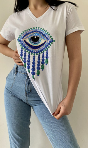 Büyük Göz Desenli Pul Payet V-Yaka T-Shirt 